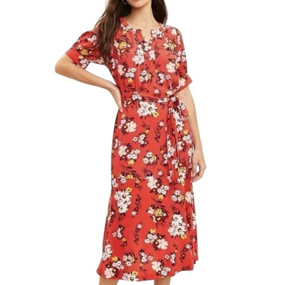 LOFT Red Floral Henley Midi Dress Short Sleeve Button Front Tie Waist Size 4